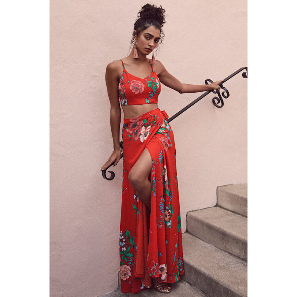 Lulu's Red Floral Maxi Skirt & Crop Top Set
